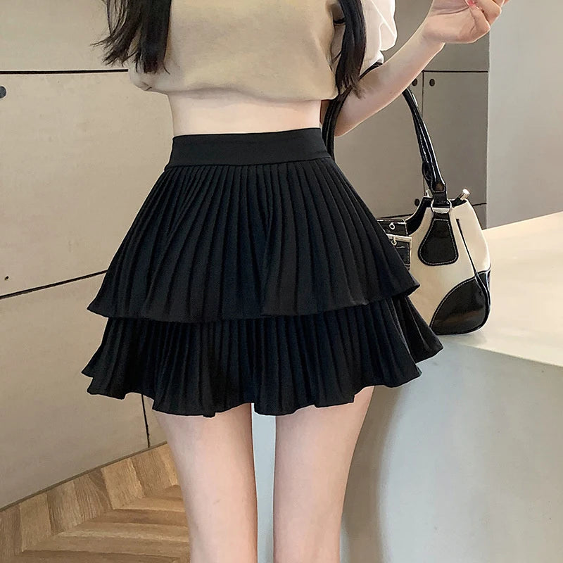 Fashion Sexy Pleated Skirts Women Solid High Waist All-Match Summer New Culottes Mini Cupcake Skirts Black