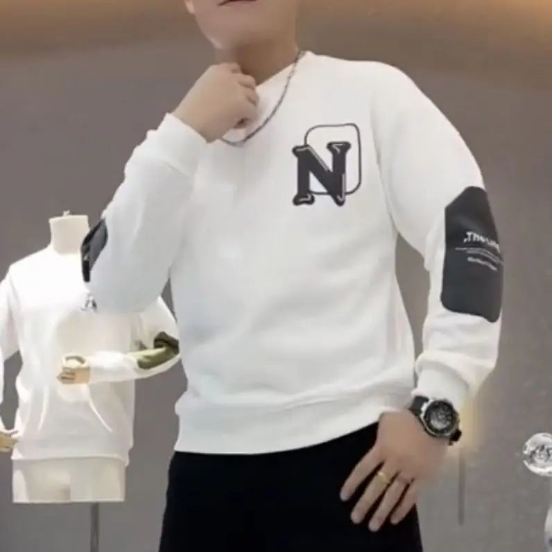 Trend Contrast Patchwork Print Letter Hoodies Sweatshirts Spring Autumn Long Sleeve Loose Casual Tops Fashion Lazy Men Clothing