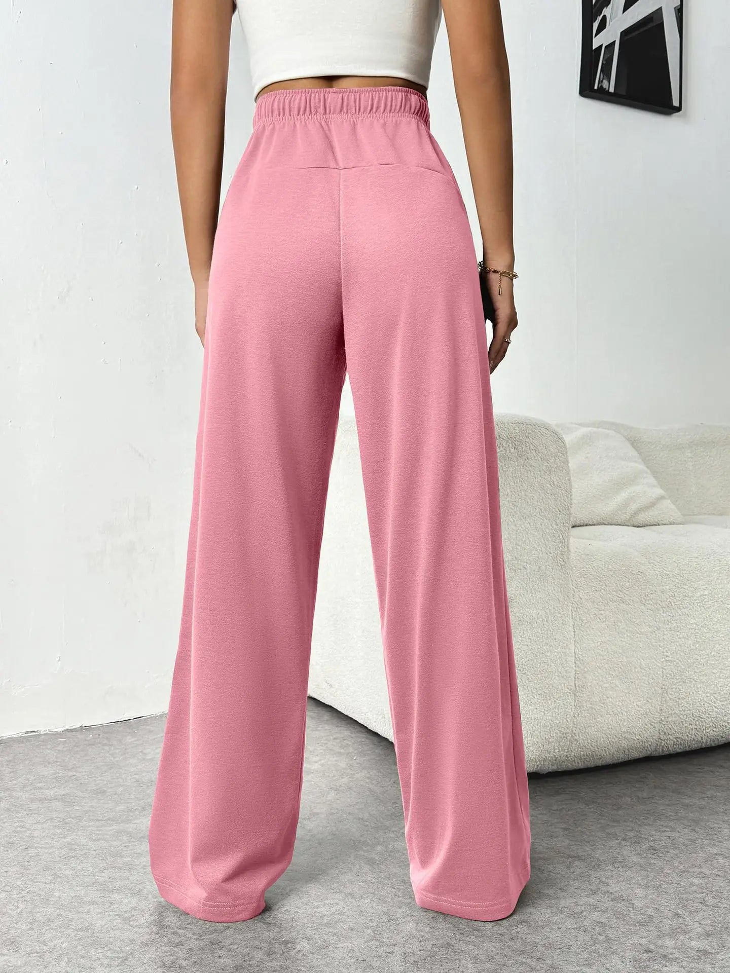 Casual Wide Leg Sports Pants for Women Casual Straight Leg Loose Solid Color Elastic Drawstring High Waisted Wide Leg Pants