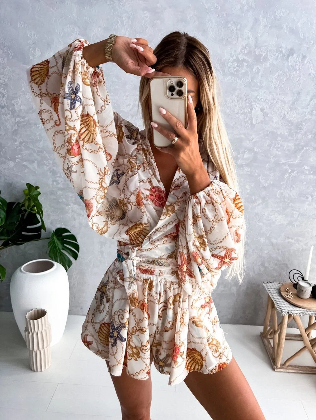 Sexy Deep V Neck Jumpsuit For Women Summer Casual Boho Beach Vacation Outfit Fashion Print Lantern Sleeve Rompers Shorts Women's