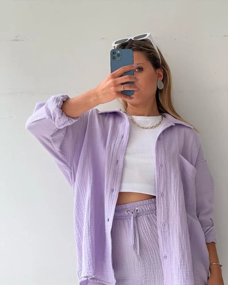 Short Sets Women Tracksuit Single Breasted Cardigan Blouses Two Pieces Shorts Loose Button High Street Solid Pockets Folds