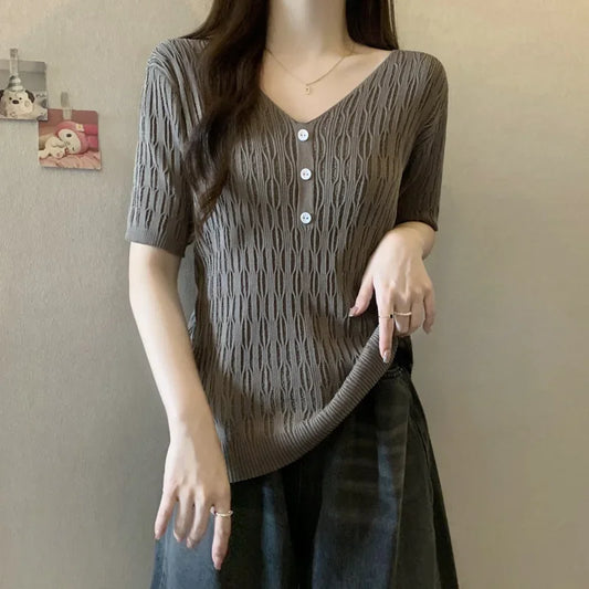 Plus Size Women's Summer New Style Slim Fit Knitted Top Belly Covering T-Shirt for Plump Sister V-Neck Big Code Sweater