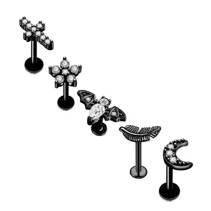 5PCS Flower Tragus Piercing Set Flat Back Cz Cartilage Stud Earring Helix Jewelry Conch Rook Stud Lot Labret Lip Piercing Bulk 5PCS Set14