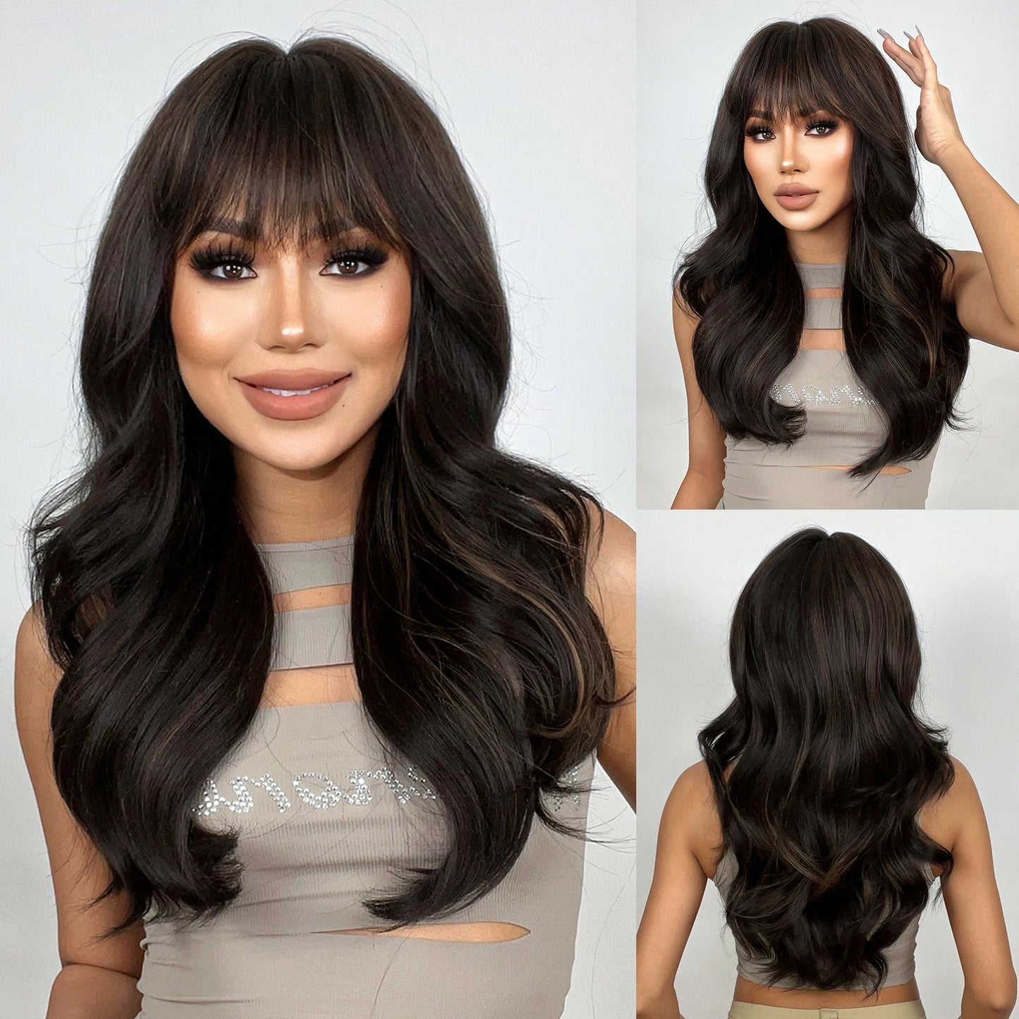 Brown Blonde Highlights Wigs Medium Length Wavy Synthetic Wig With Bangs Natural Body Wave Hair For Women Daily High Temperature LC2090-1