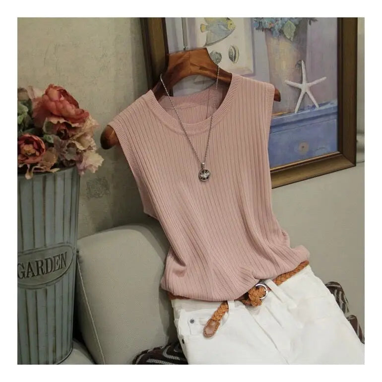Summer Women Knitted Loose Sweater Vests Sexy O-Neck Sleeveless Knitwear Tank Tops YRFZ-N6634