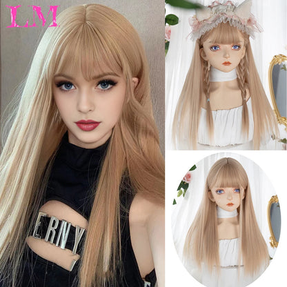 LM Long Silky Straight Synthetic Wigs with Bangs Black Cosplay Party Lolita Hair Wigs for Women Natural Heat Resistant Wig LIANGMO