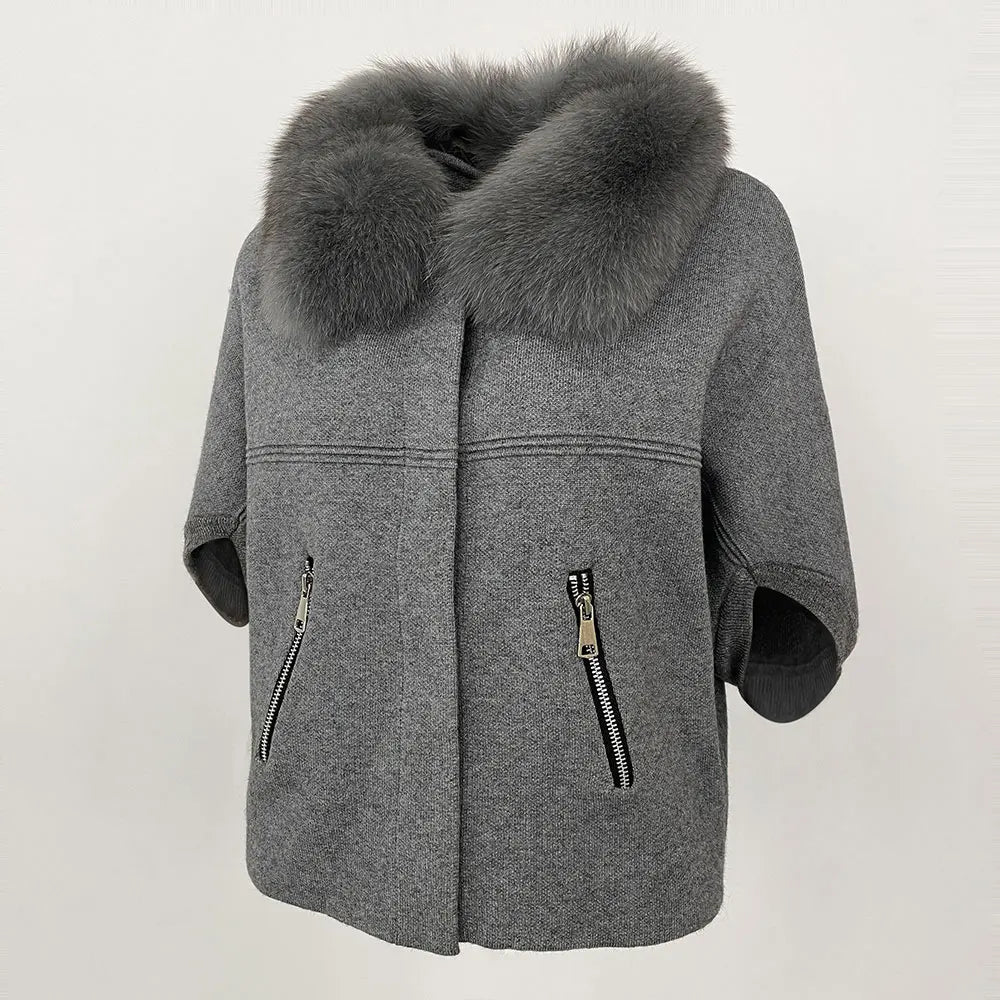 FURYOURSELF 2025 New Real Fox Raccoon Fur Collar Coat Knitted Sweater Women Short Sleeve Jacket Thick Warm Outerwear streetwear