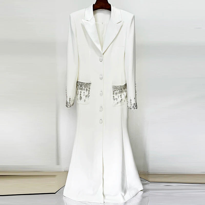 HIGH STREET Newest 2025 Designer Fashion Women's Long Sleeve Notched Collar Rhinestone Diamonds Beading Maxi Long Dress Badiee Stylez