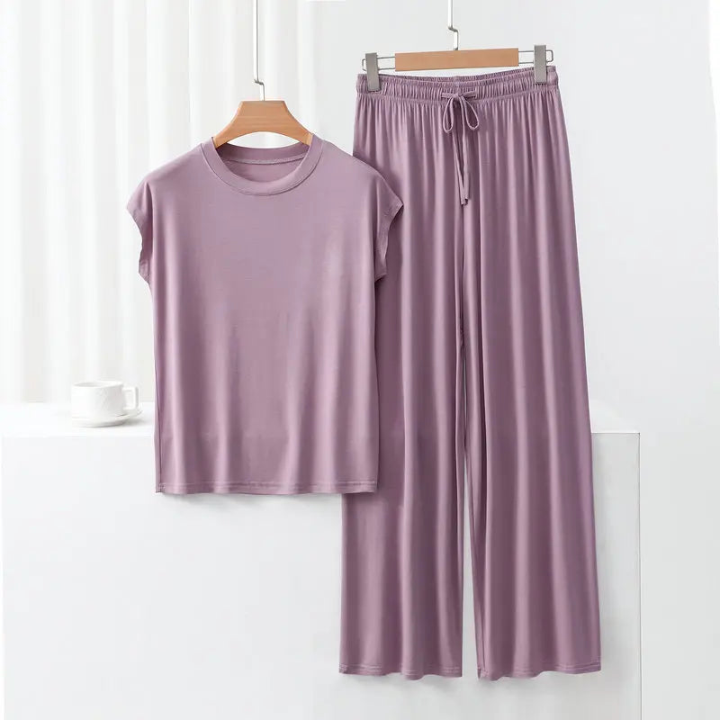 Modal Loose Homewear set O-neck Tshirts short sleeves and Wide leg pants Casual streetwear suit all match lightpurple