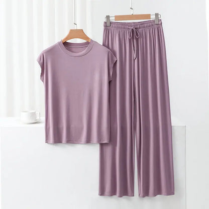 Modal Loose Homewear set O-neck Tshirts short sleeves and Wide leg pants Casual streetwear suit all match lightpurple