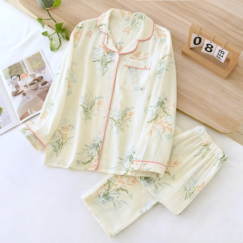 2025 Spring and Autumn Women's Pajama Set 100% Cotton Crepe Long sleeved Pants Two piece Cute and Sweet Home Fury Set Ladies 04