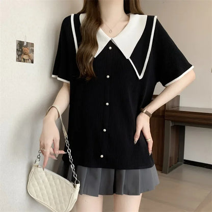 Plus Size Summer Knitted Short Sleeve T-Shirt Double Collar Polo Neck Loose Fit Meat Concealing Top for plus Size Women