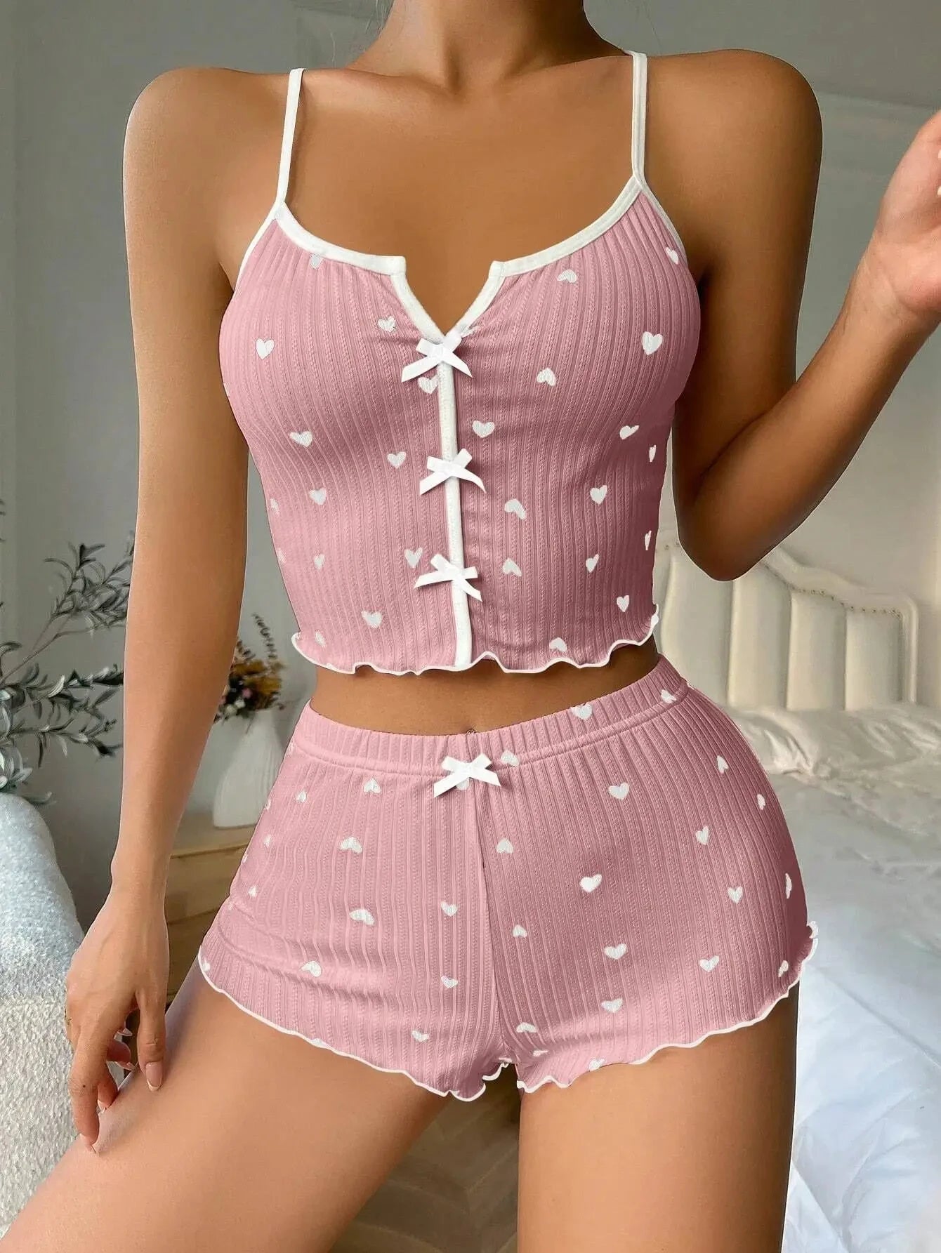 Y2K Cute Floral Print Ribbed Pajama Set Womens Cami Crop Top Shorts Two Piece Sleepwear Loungewear Set Lettuce Trim Bow Button