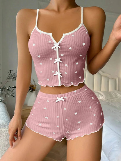 Y2K Cute Floral Print Ribbed Pajama Set Womens Cami Crop Top Shorts Two Piece Sleepwear Loungewear Set Lettuce Trim Bow Button