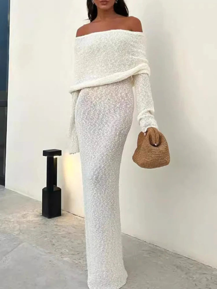 Leosoxs Slash Neck Knitted Dress Women Thin Autumn Long Sleeve Elegant Vacation Beach Party Midnight Clubwear Mini Bodycon White Long