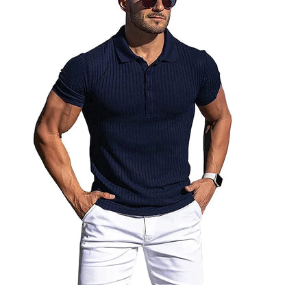 Brand Name Stylish Summer Polo - Men's Elastic Short Sleeve with Bold Stripes and Stand Collar