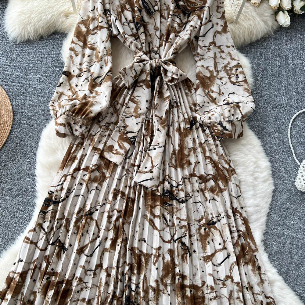 Chic vintage long sleeve turn-down collar button pleated Elegant Fairy korean fashion Boho women clothing Long dress