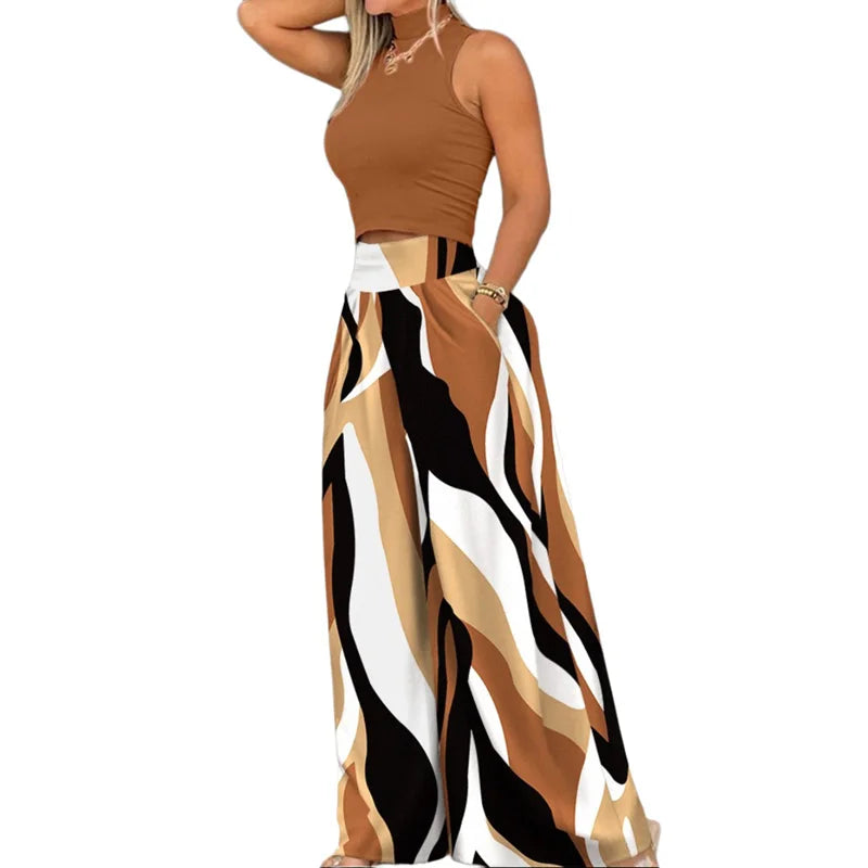 Plus Size Printing Two Piece Set Women Casual Solid Sleeveless Tank Top Wide Leg Pants Two Piece Set 2025 Fashion Clothing