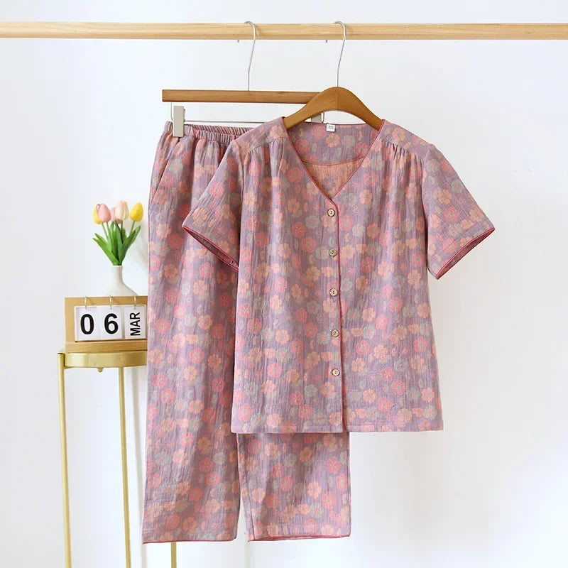 2025 Spring/Summer New Women's Pajama Set 100% Cotton Short Sleeve+Capris Two Piece Set for Large Flower Thin Home Furnishing 09