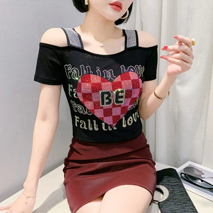 Aoxison Summer Short Sleeved Women's T-Shirt Elegant Slim Shiny Love Heart Diamonds Mesh Tops Chic Girl Sexy Off Shoulder Tees Black7
