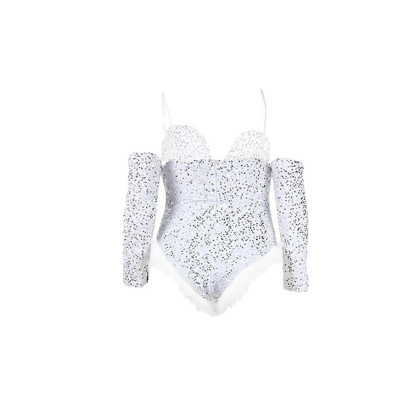 Women's Elegant Sequined Feather Slim Patchwork Bodysuits Spring Summer New Sexy Bodysuits Women Long Sleeve Backless Bodysuits