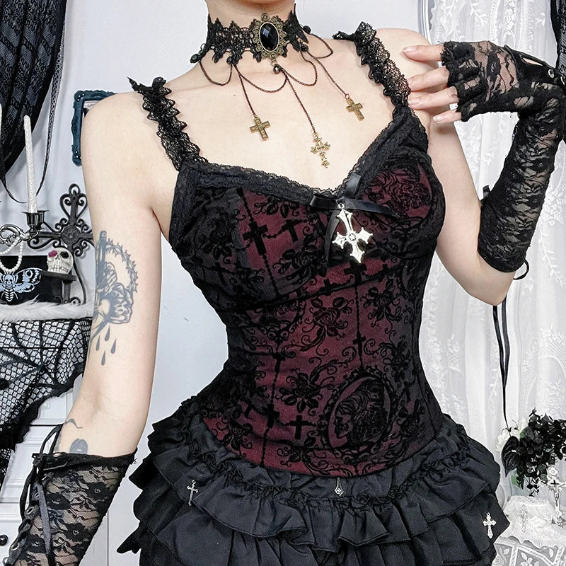Goth Sexy Lace Corset Crop Tops Camis Y2K Harajuku Aesthetic Black Red Cross Basic Tank Top Summer Women Grunge Emo Streetwear