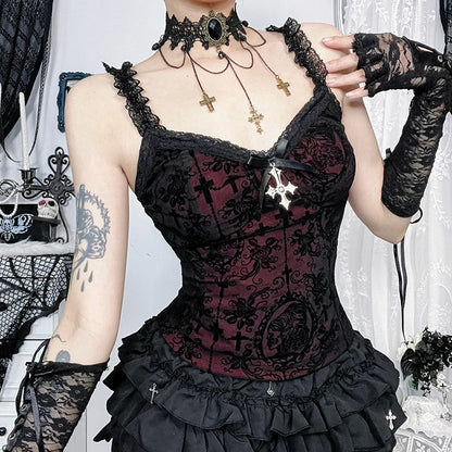 Goth Sexy Lace Corset Crop Tops Camis Y2K Harajuku Aesthetic Black Red Cross Basic Tank Top Summer Women Grunge Emo Streetwear
