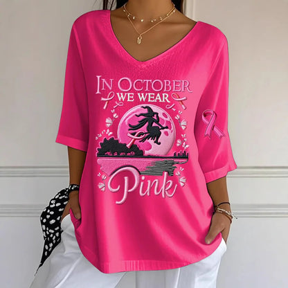 Women's Halloween Graphic Print T-Shirt Pink Ribbon Witch Halloween Costume T-Shirt Gifts Women Fashion Gothic Aesthetic Clothes