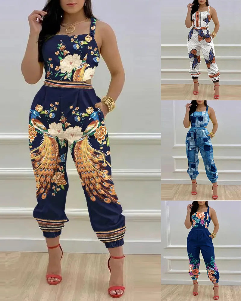New Summer Fashion Printed Sleeveless Jumpsuit Sexy Hollow Backless Lace Up Long Jumpsuits Elegant Casual Jumpsuit With Pocket Badiee Stylez