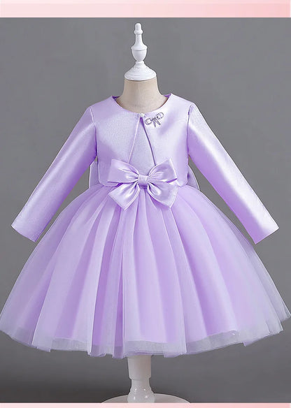 ELBCOS 4-14Y Girls Tie Crew Neck Long Sleeves Solid Color Fold Skirt Cardigan Coat Waist Bow Costumes Princess Party Dress Suit