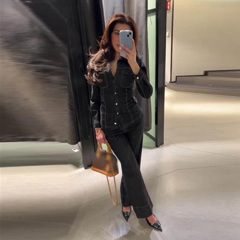 Street Vintage Denim Pants Sets Women Slim Long Sleeve Lapel Single Breasted Jacket Straight Trousers 2025 Autumn Lady Outfits sets