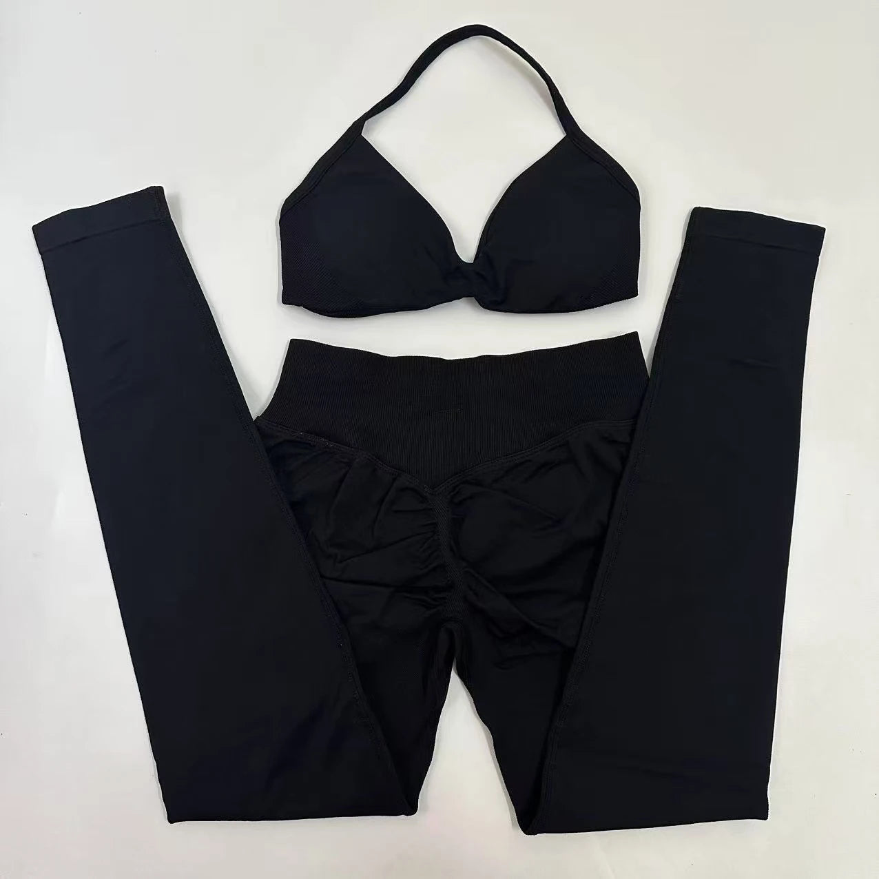 No Logo Seamless Yoga Set Women Workout Scrunch Leggings Set Strappy Halter Sports Bra Fitness Gym Clothing Workout Set 2 Pieces Badiee Stylez