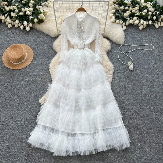 Evening Dress Women Gown Ruffles Stand Collar Full Sleeve Long Dresses Elegant A Line Spliced High Waist Vestidos Mesh Wedding Badiee Stylez