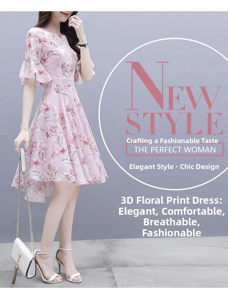 Ele Summer Women's Midi Dr ang Hai Sle Sweet Princ round Ne ort Sve A-Line Skirt Printed Chiffon Dr