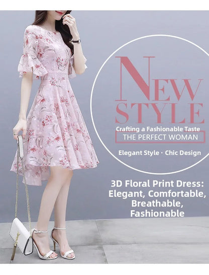 Ele Summer Women's Midi Dr ang Hai Sle Sweet Princ round Ne ort Sve A-Line Skirt Printed Chiffon Dr