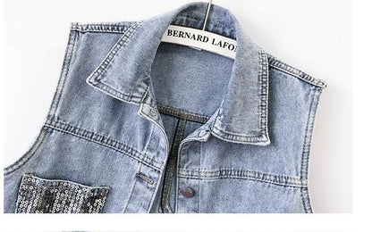 2024 Fashion Design Sequins Denim Vest Summer Autumn Women's Waistcoat Korean Leeveless Denim Jeans Jacket Female Vest Tops