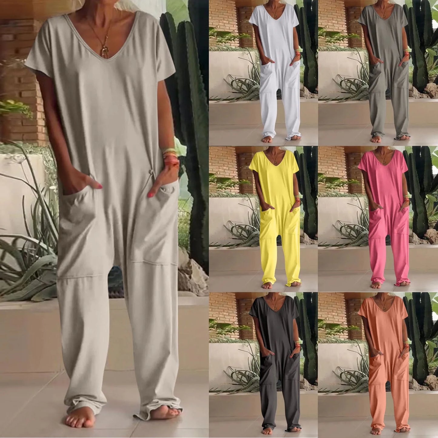 jumpsuit women Fashion Casual Short Sleeve Jumpsuits Loose and comfortable Pullover bodysuit With Pockets trend monos largos Badiee Stylez