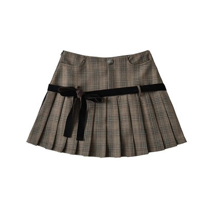 Women's Y2k A-line Pleated Skirt Vintage Plaid Mini Skirt Harajuku Korean Elegant Preppy Style Bow Skirts 2000s Clothes Summer Brown
