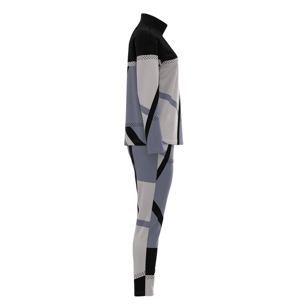 Women Casual Two Piece Sets Fashion Geometric Print O-Neck Long Sleeve Tops and Drawstring Pencil Pants Sets Office Lady Outfits Badiee Stylez