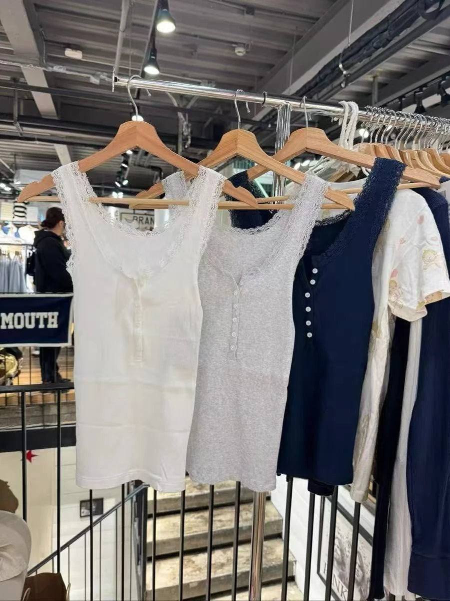 Lace Trim Solid Ribbed Tank Top for Woman Spring Buttons U Collar Sleeveless Slim Camis Simple Cotton Basic Vest Sweet Y2k Tops