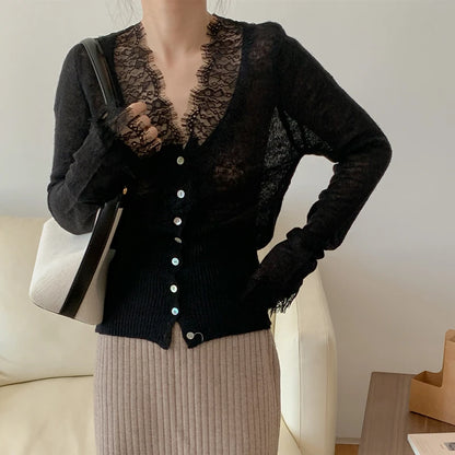 High-fashion Kawaii Botton Up Lace Patchwork Knitted Cardigan Women Autumn Winter Ladies Elegant Vintage Sweater Cheap Wholesale black One Size