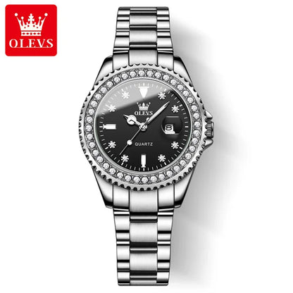OLEVS Original Diamond Dial Quartz Watch for Women Fashion Elegant Ladies Watches Stainless Steel Waterproof Women's Wristwatch Silver Black-GDBH