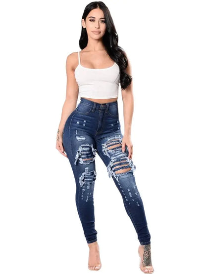 2023 Autumn High Waist Ripped Jeans For Women Fashion Stretch Skinny Denim Pencil Pants Casual Slim Trousers S-3XL dark blue