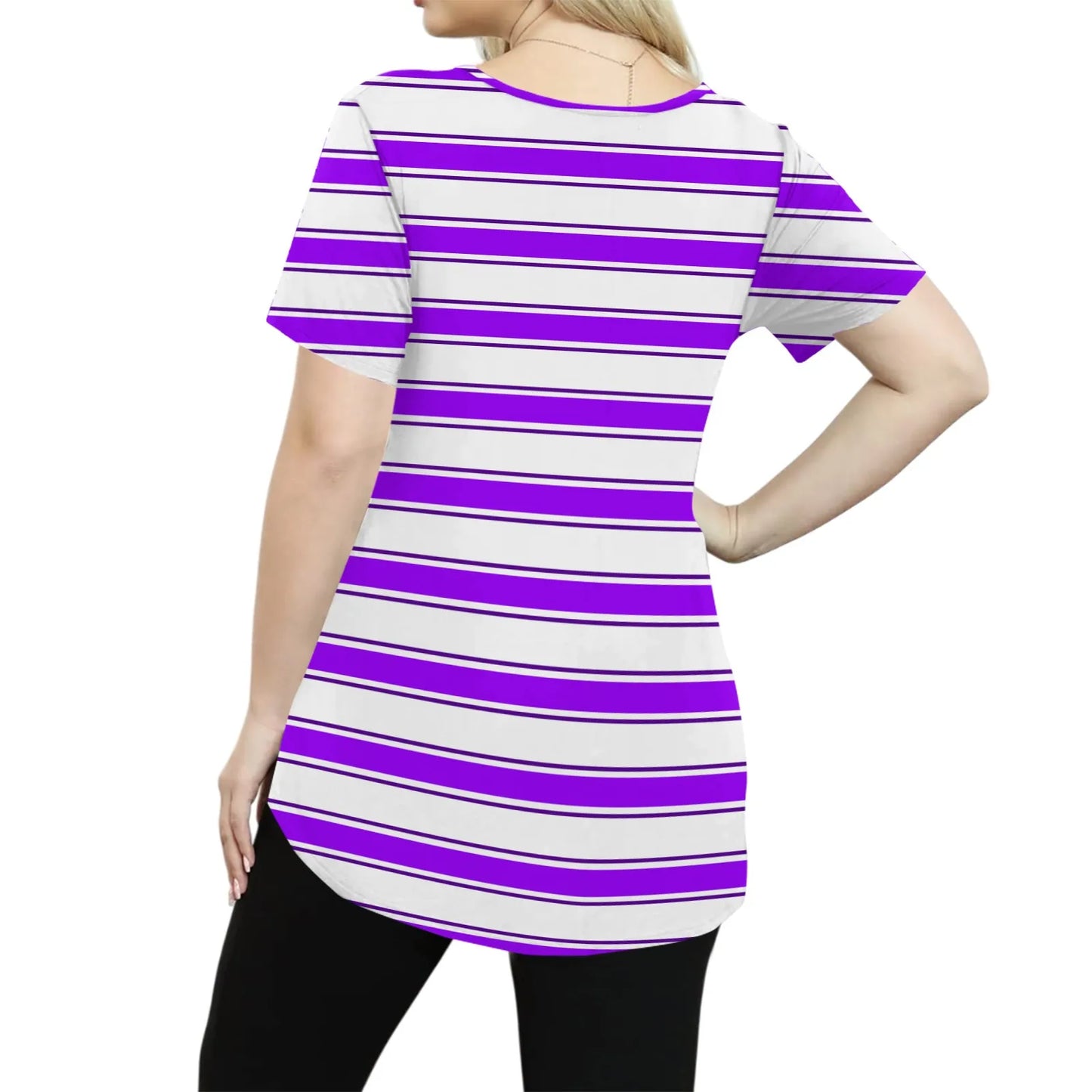 Plus Size Casual striped T-shirt For Women V neck short sleeves Loose Tops With Pocket Summer Daily Casual Plus Size Women's Top