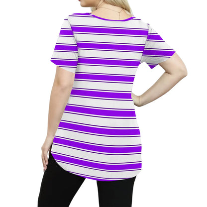 Plus Size Casual striped T-shirt For Women V neck short sleeves Loose Tops With Pocket Summer Daily Casual Plus Size Women's Top