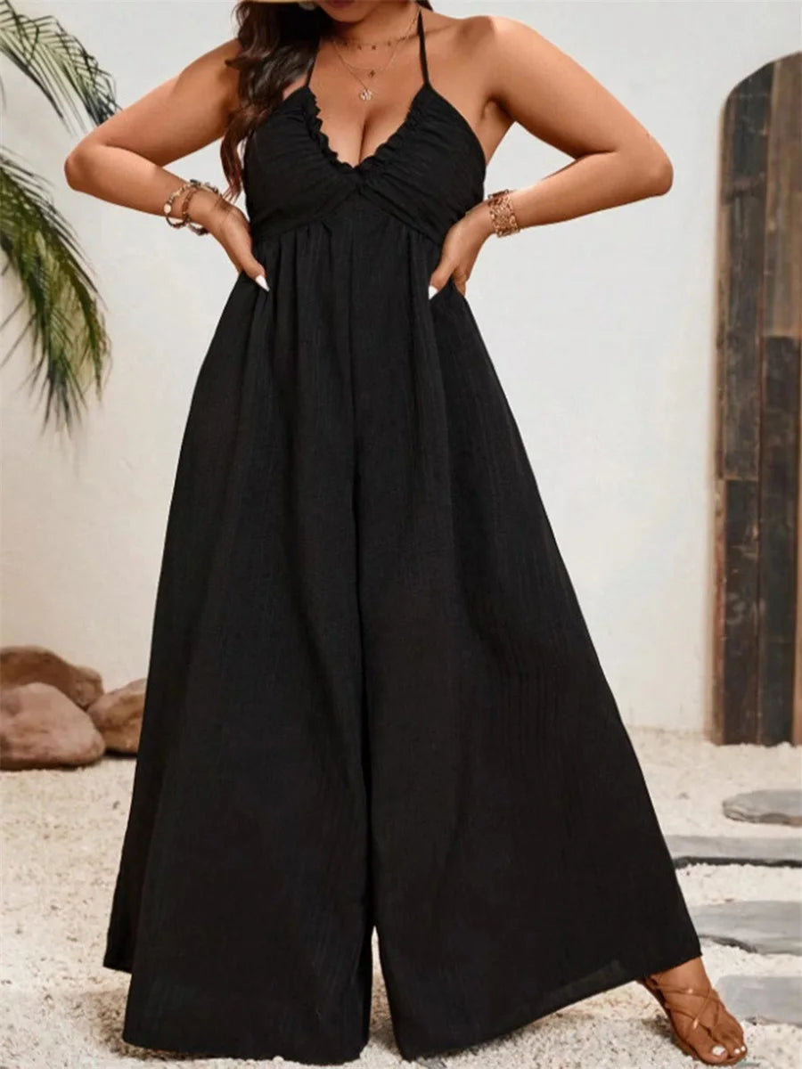 Women Plus Size Rompers Solid Color Sleeveless Halter Neck V-Neck Tie-Up Wide-Leg Jumpsuits Overalls for Summer Fashion