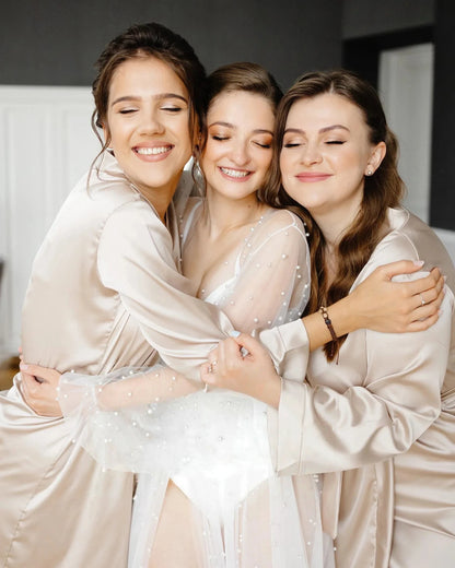 Pearl Robe For Women Long Sleeve Wedding Morning Robe Party Shawl Floor-Length Bridal Cape Sexy pearl robe Lantern Sleeve