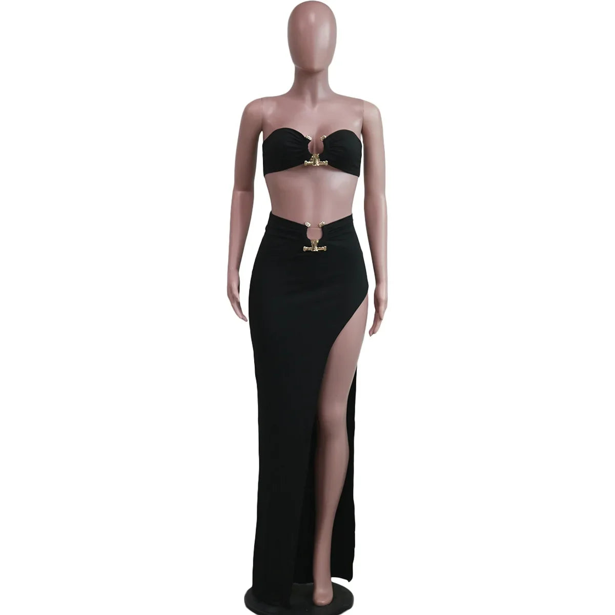 New Chic Gold Ring Bandeau Slit Skirt Two-Piece Set Womens Beautiful Off Shoulder Matching Skirt Set Nightclub Outfits Badiee Stylez