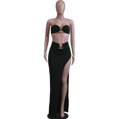 New Chic Gold Ring Bandeau Slit Skirt Two-Piece Set Womens Beautiful Off Shoulder Matching Skirt Set Nightclub Outfits Badiee Stylez