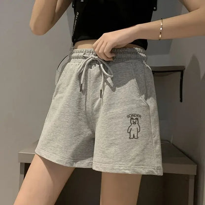 Loose Shorts Solid Pants For Women Streetwear Summer Clothes Cute Bear Printed Ropa De Mujer Elastic High Waist Casual Trousers